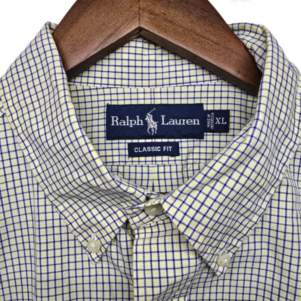 Polo Ralph Lauren Men XL Yellow Blue Check Short Sleeve Button Shirt Classic Fit - Picture 3 of 6